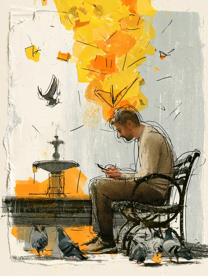 Man on a park bench checking his phone as a paper checkmark confetti appears, showing a Split Rent Payments application approved