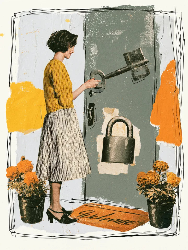 Woman holding a large paper key up to a front door with a paper padlock, the moment a Split Rent Payments applicant meets the requirements