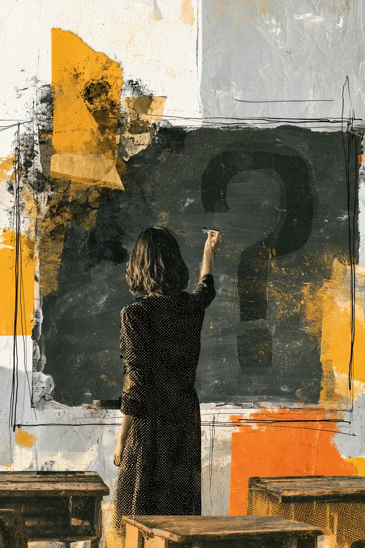 American teacher at a chalkboard drawing a large question mark in a burst of paper chalk dust