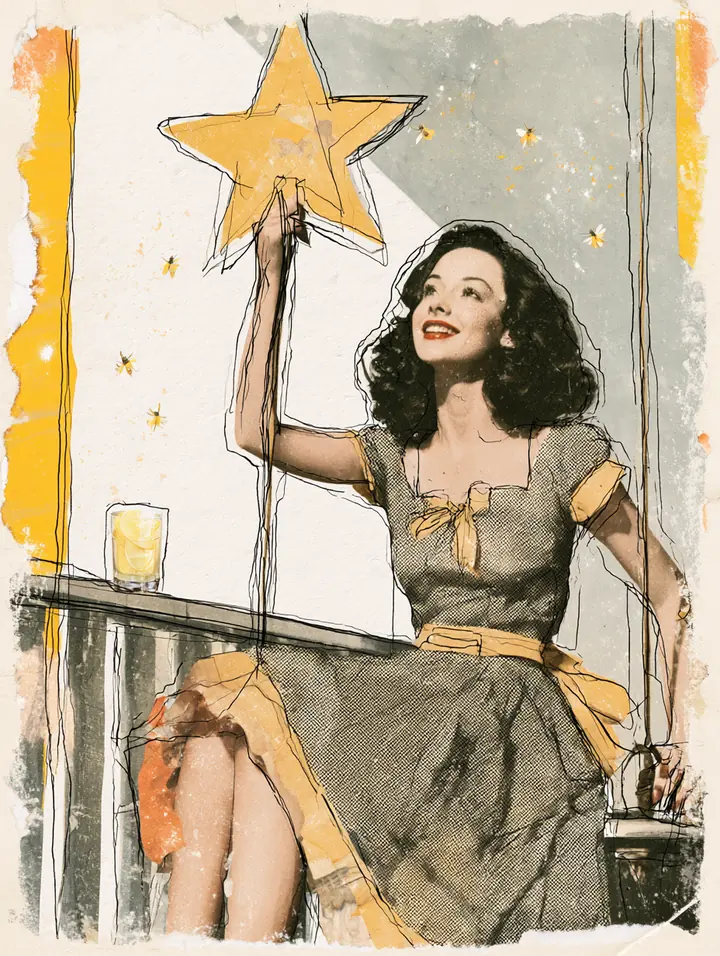 American woman on a porch swing at evening holding up a large paper star, a customer rating Split Rent Payments