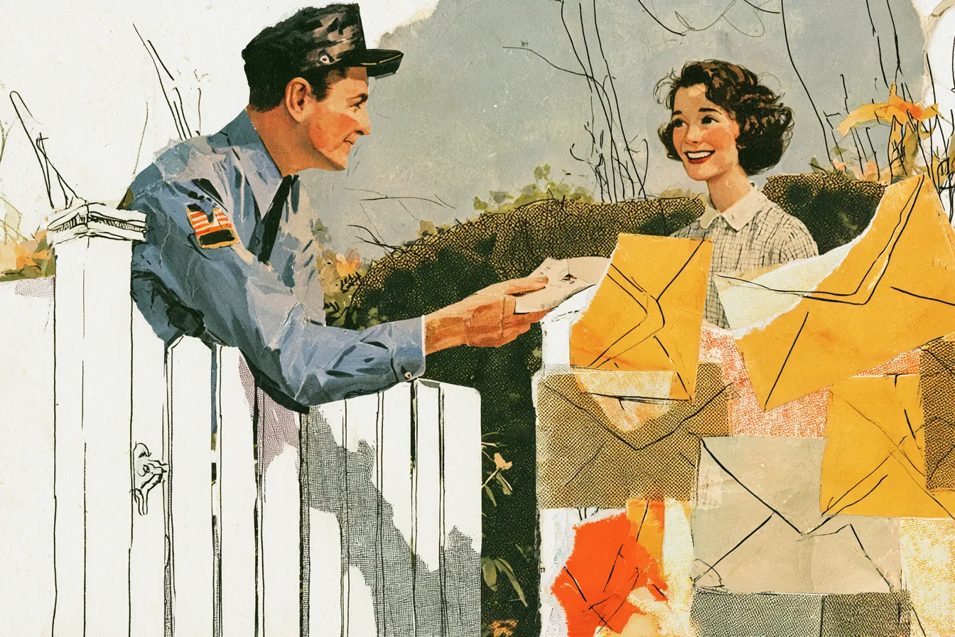 American postal carrier handing a letter over a white picket fence to a smiling resident, contacting Split Rent Payments