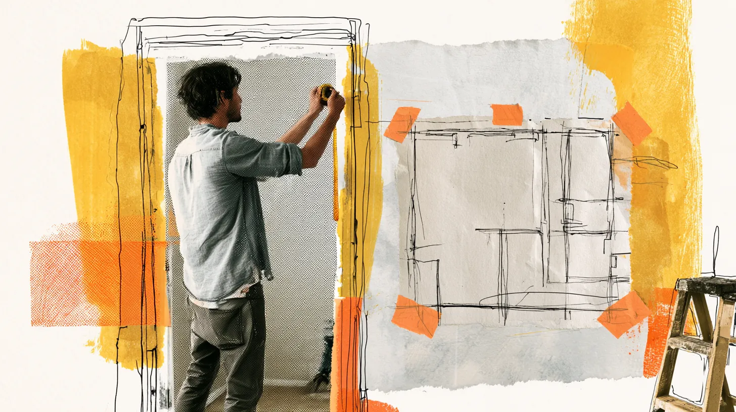 Young American man measuring an empty apartment doorway with a tape measure as paper keys hang from a hook, his first apartment