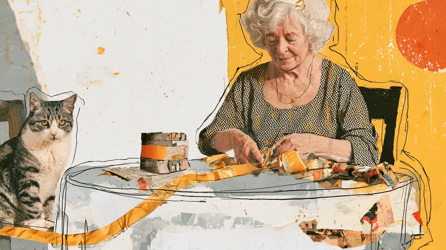 American grandmother wrapping gifts at a dining table with cut-paper ribbons curling upward, a holiday gift budget in progress