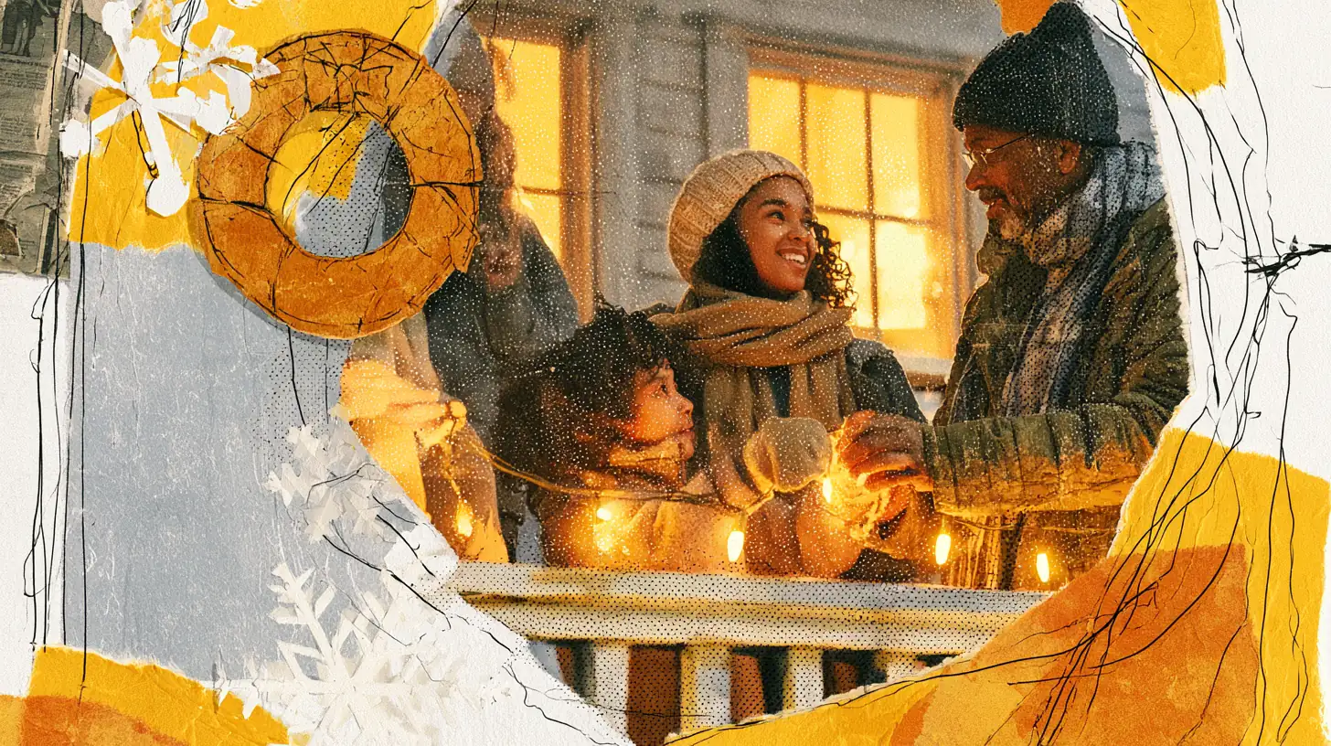 Multigenerational American family stringing warm lights along a porch railing at dusk during the holidays