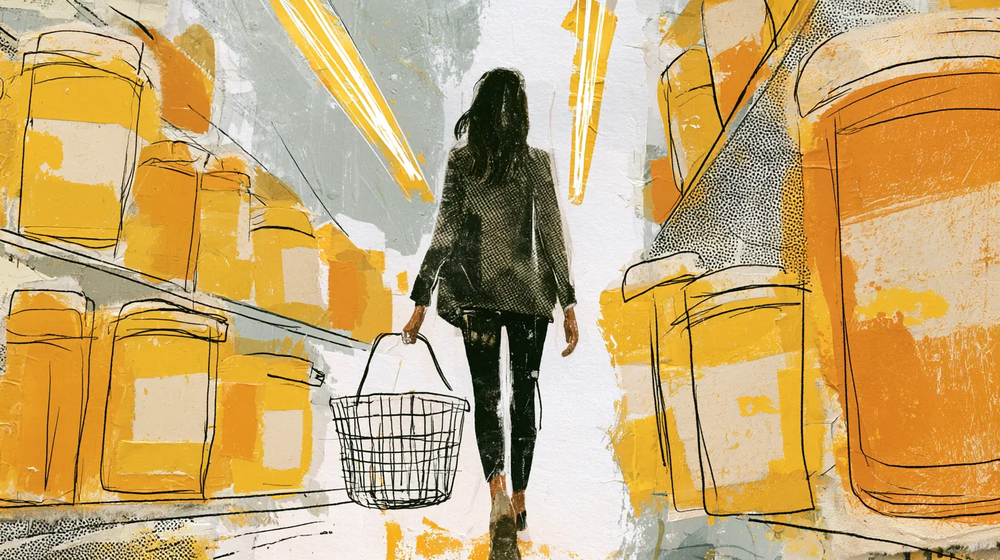 American woman walking a pharmacy aisle with a wire basket as paper pill bottles float above the shelves, managing monthly pharmacy costs