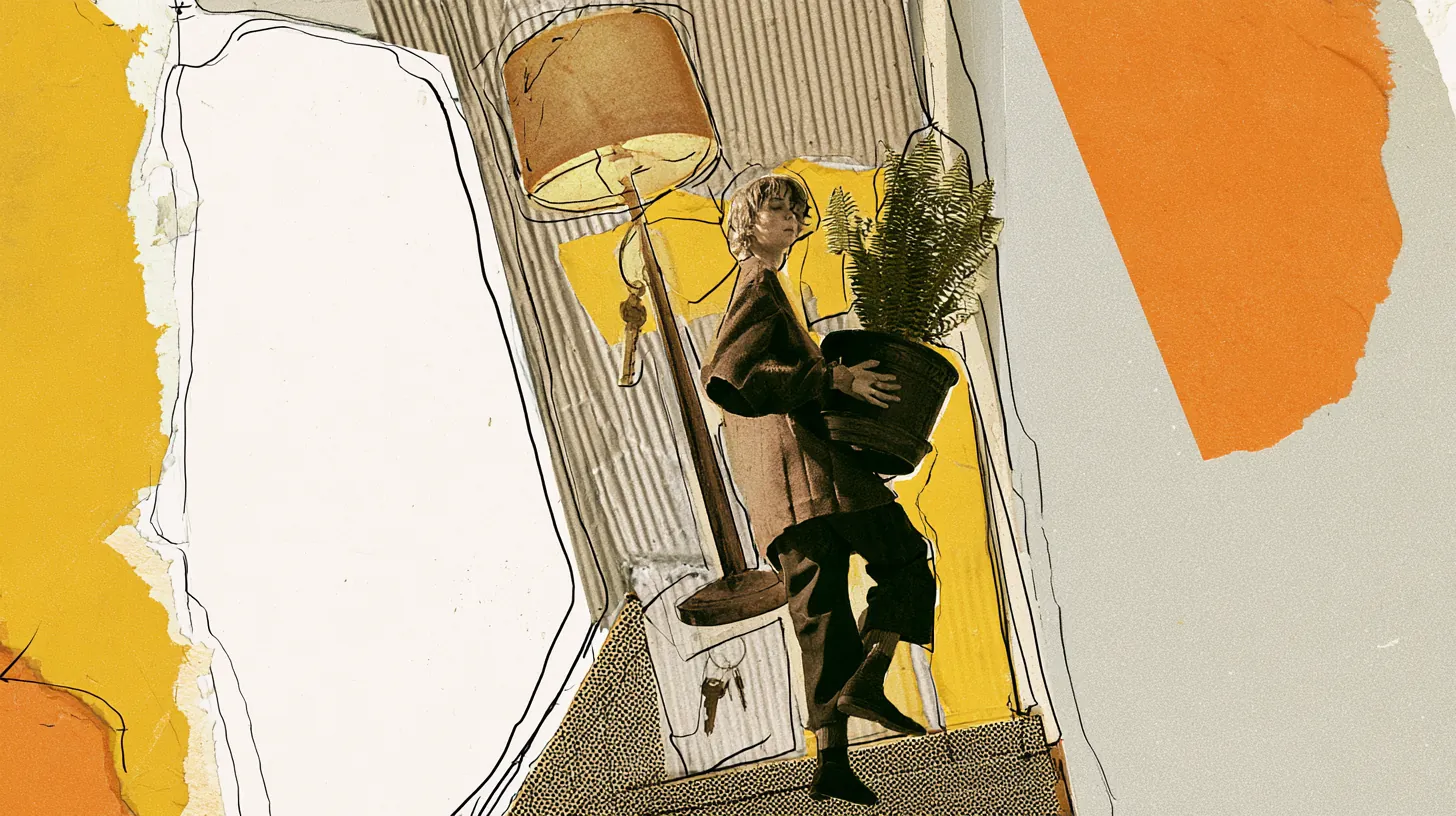 American recent graduate carrying a floor lamp and a potted fern up an apartment stairwell on moving day after a moving loan